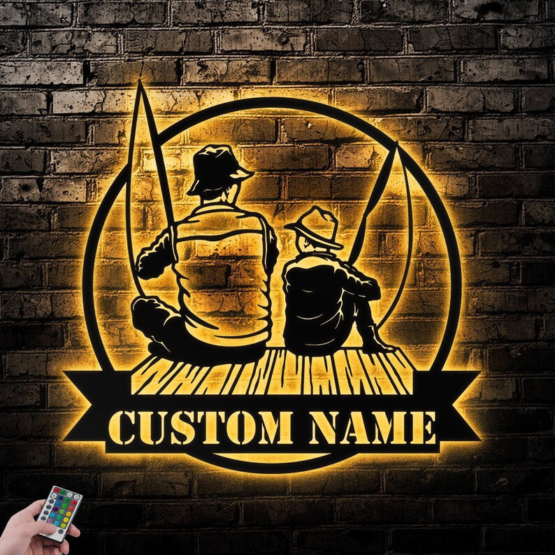 Custom Fishing Father And Son Metal Wall Art Personalized Fishing Name Sign WITH LED/WITHOUT LED Lights Bass Fishing Metal Monogram