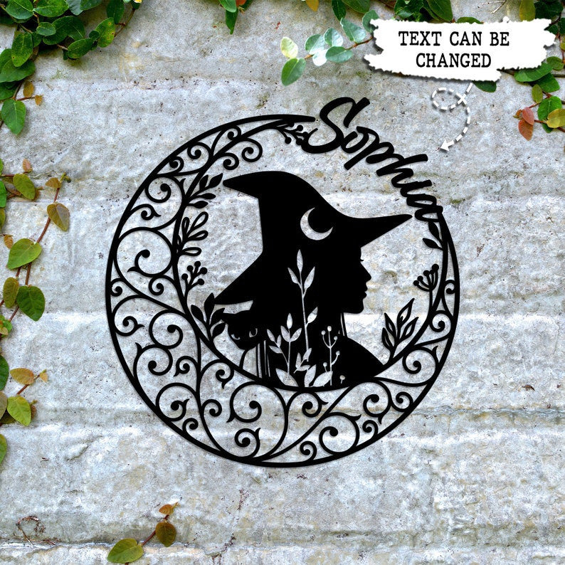 Customized Witch And Moon Metal Sign WITH LED/WITHOUT LED Lights Witch And Cat Closet Decoration Girl's Room Sign Unique Gift Halloween Decor