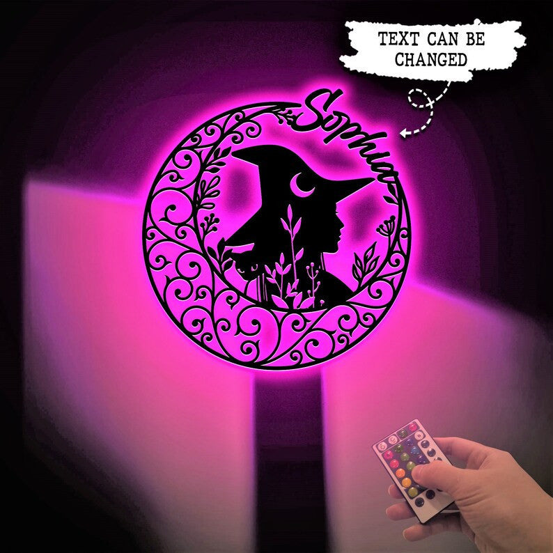 Customized Witch And Moon Metal Sign WITH LED/WITHOUT LED Lights Witch And Cat Closet Decoration Girl's Room Sign Unique Gift Halloween Decor