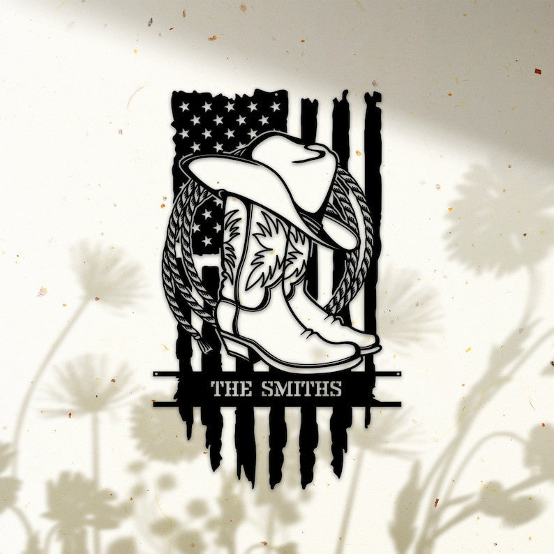 Personalized US Flag Cowboy Boots & Hat Metal Sign WITH LED/WITHOUT LED Light Custom Cowboy Cowgirl Wall Art For Farmhouse Farm Decor Cowboy Gift