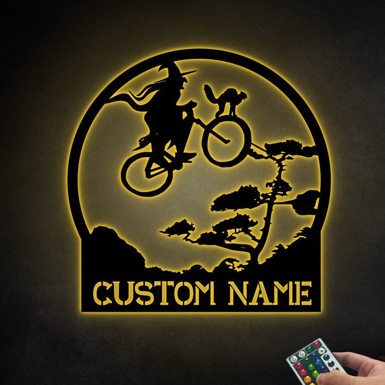 Customized Halloween Metal Sign WITH LED/WITHOUT LED Light Funny Cylist Witch With Cat Halloween Decoration Unique Sign Witches Sign