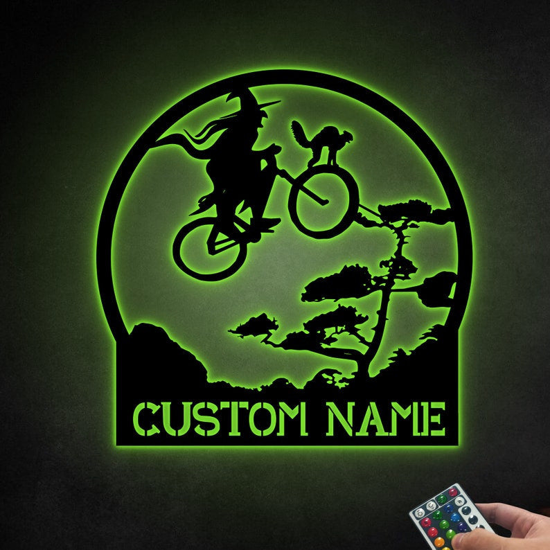 Customized Halloween Metal Sign WITH LED/WITHOUT LED Light Funny Cylist Witch With Cat Halloween Decoration Unique Sign Witches Sign
