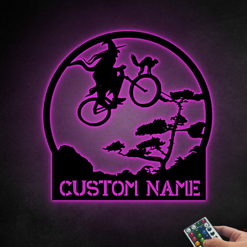 Customized Halloween Metal Sign WITH LED/WITHOUT LED Light Funny Cylist Witch With Cat Halloween Decoration Unique Sign Witches Sign