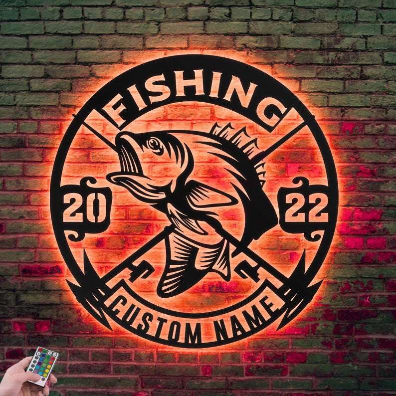 Custom Fishing Metal Wall Art Personalized Fishing Name Sign WITH LED/WITHOUT LED Lights Bass Fishing Metal Monogram
