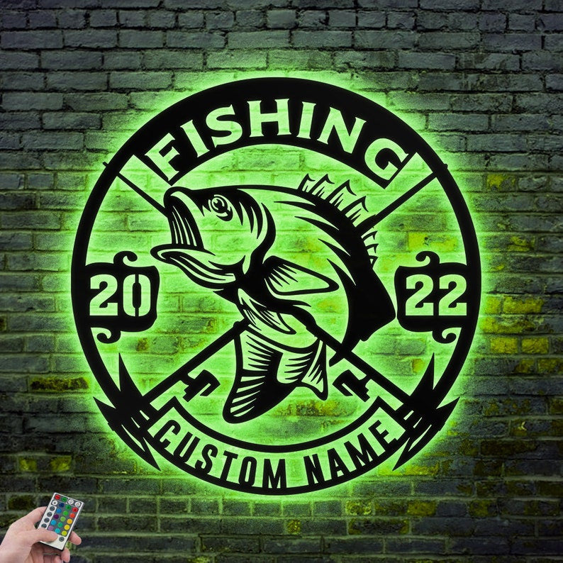 Custom Fishing Metal Wall Art Personalized Fishing Name Sign WITH LED/WITHOUT LED Lights Bass Fishing Metal Monogram