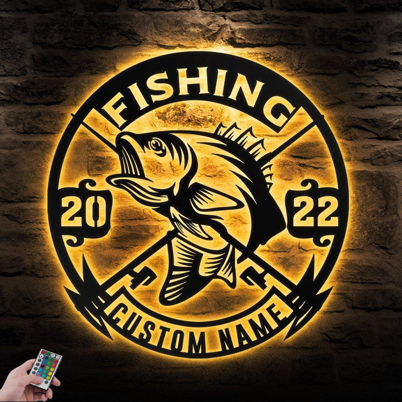 Custom Fishing Metal Wall Art Personalized Fishing Name Sign WITH LED/WITHOUT LED Lights Bass Fishing Metal Monogram
