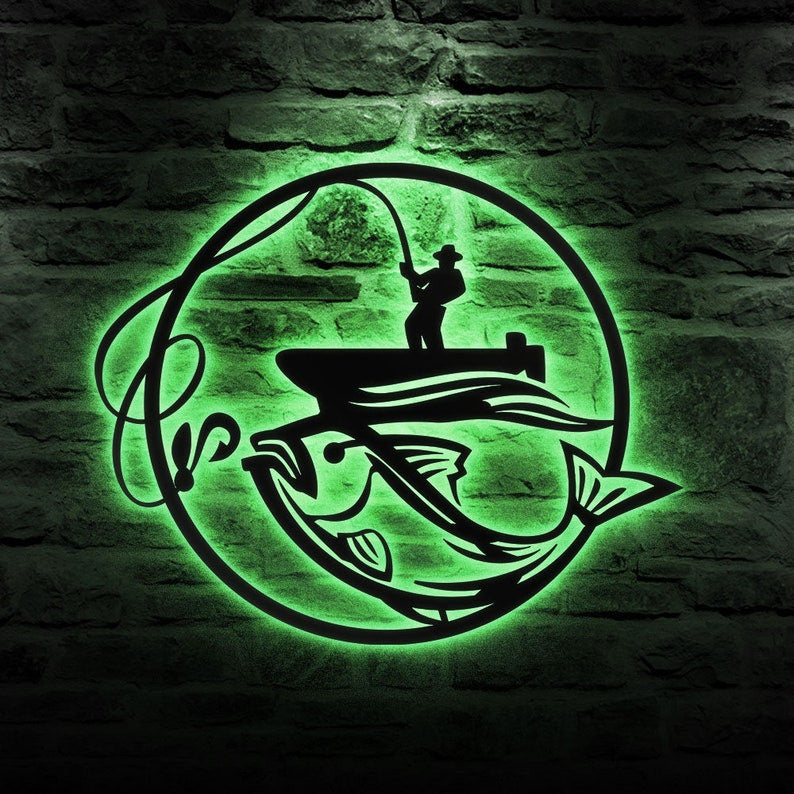 Fishing Metal Sign Fisher Metal Wall Art WITH LED/WITHOUT LED Lights Bass Fishing Metal Monogram