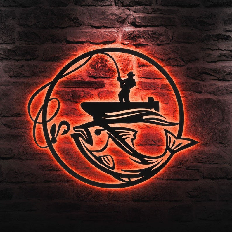 Fishing Metal Sign Fisher Metal Wall Art WITH LED/WITHOUT LED Lights Bass Fishing Metal Monogram