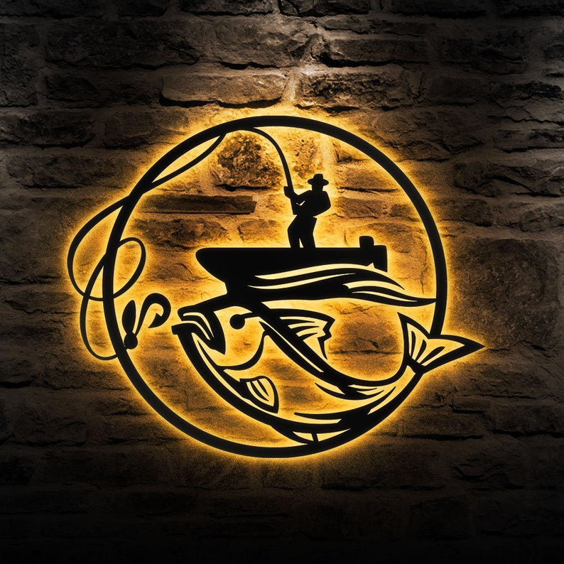 Fishing Metal Sign Fisher Metal Wall Art WITH LED/WITHOUT LED Lights Bass Fishing Metal Monogram