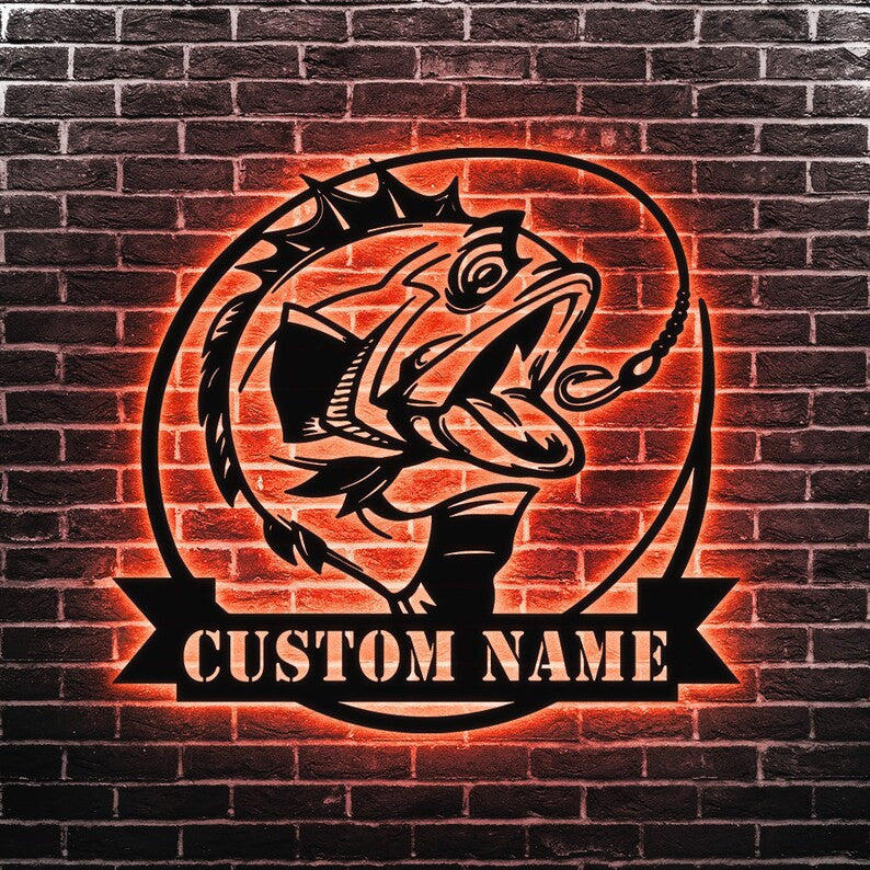 Custom Fishing Hook Metal Sign Personalized Fishing Name Sign WITH LED/WITHOUT LED Lights Bass Fishing Metal Monogram