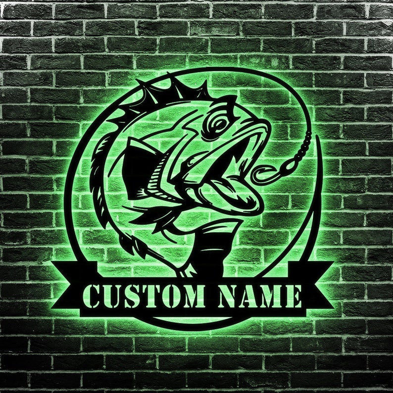 Custom Fishing Hook Metal Sign Personalized Fishing Name Sign WITH LED/WITHOUT LED Lights Bass Fishing Metal Monogram