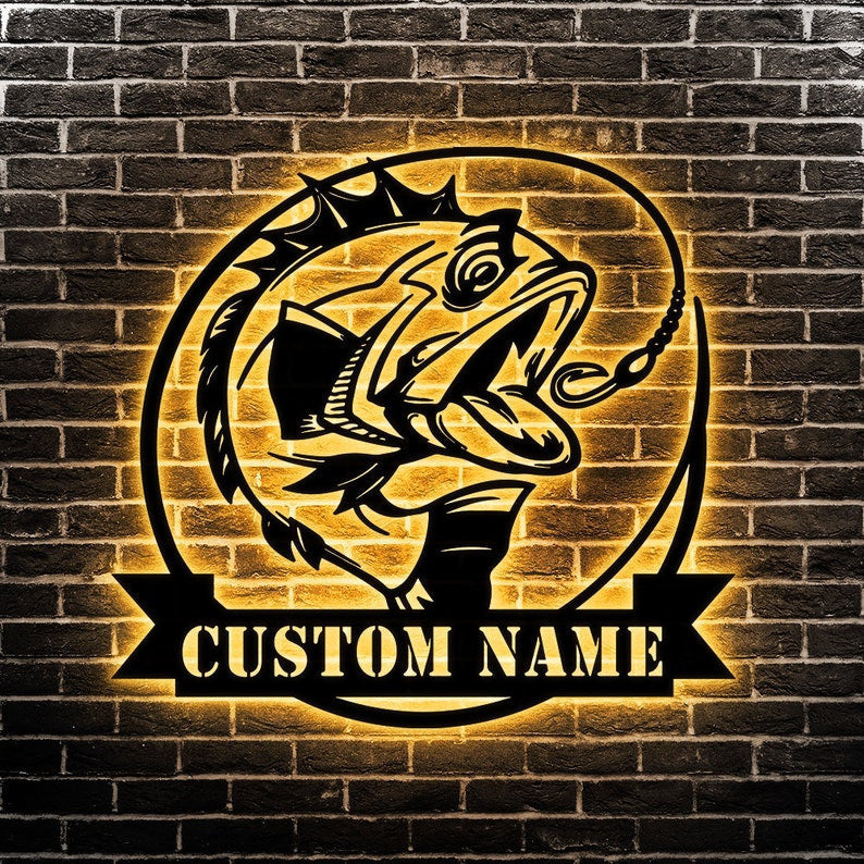 Custom Fishing Hook Metal Sign Personalized Fishing Name Sign WITH LED/WITHOUT LED Lights Bass Fishing Metal Monogram