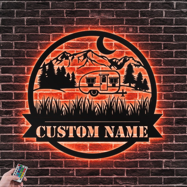 Custom Outdoor Metal Wall Art Personalized Camping Family Sign WITH LED/WITHOUT LED Lights Rustic Campsite Sign