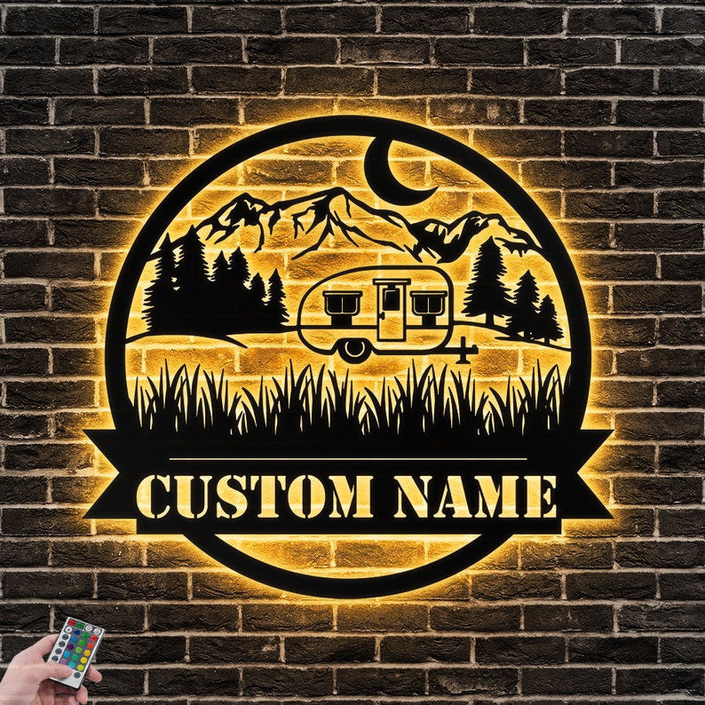 Custom Outdoor Metal Wall Art Personalized Camping Family Sign WITH LED/WITHOUT LED Lights Rustic Campsite Sign
