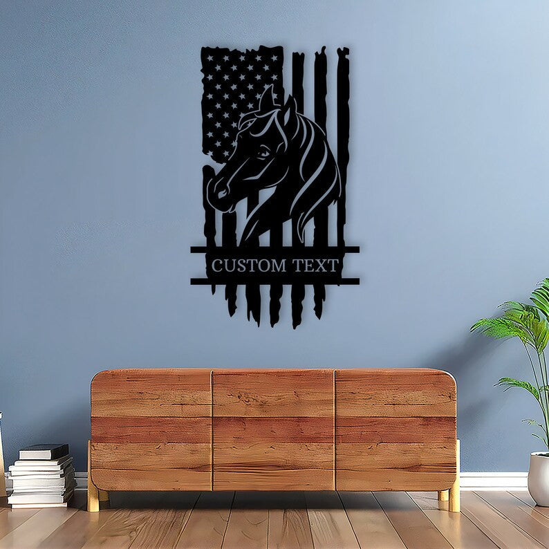Personalized Horse Metal Sign WITH LED/WITHOUT LED Lights Custom Horse US Flag Sign Wall Decor Art Sign For Cowboy Gift For Horse Lover