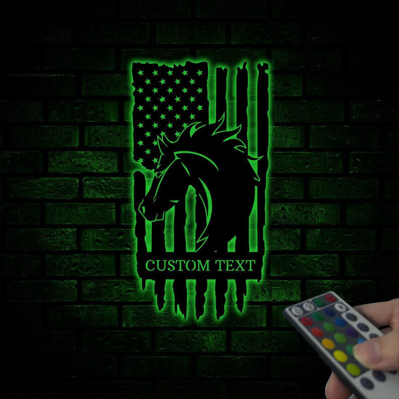 Personalized Horse Metal Sign WITH LED/WITHOUT LED Lights Custom Horse US Flag Sign Wall Decor Art Sign For Cowboy Gift For Horse Lover