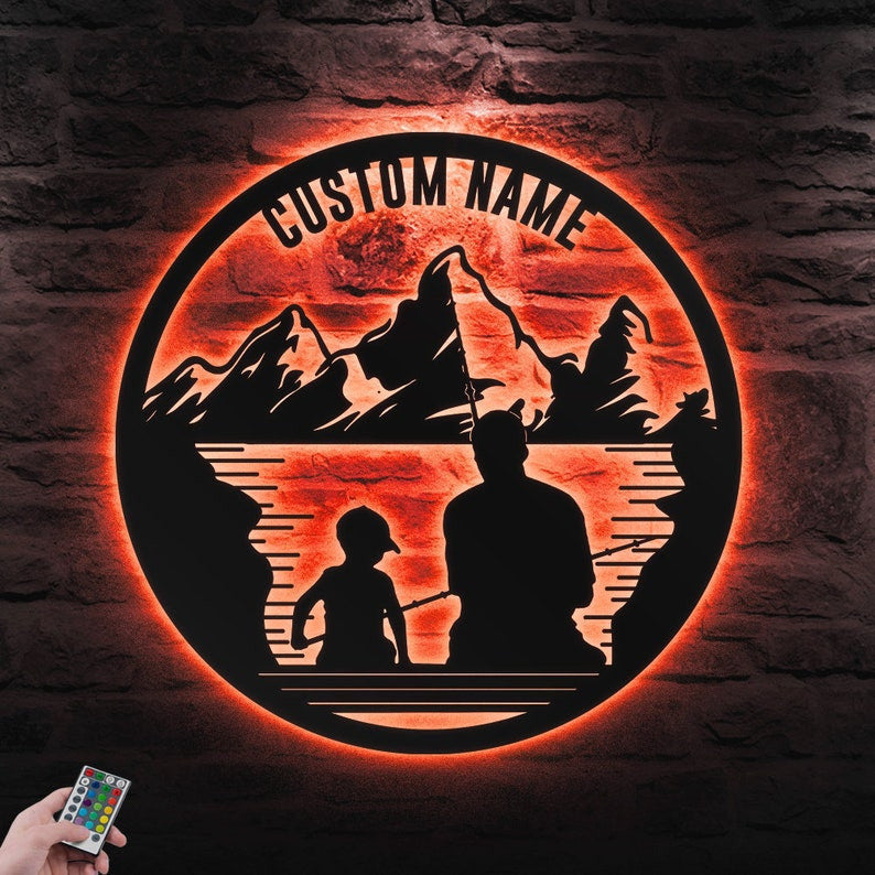 Custom Fishing Father And Son Metal Wall Art Personalized Fishing Name Sign WITH LED/WITHOUT LED Lights Bass Fishing Metal Monogram