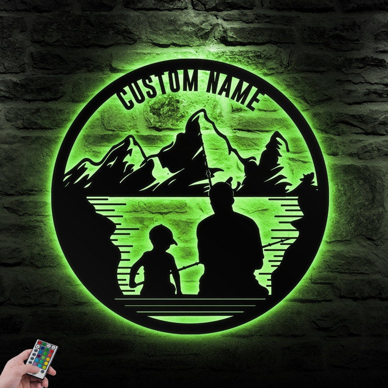 Custom Fishing Father And Son Metal Wall Art Personalized Fishing Name Sign WITH LED/WITHOUT LED Lights Bass Fishing Metal Monogram