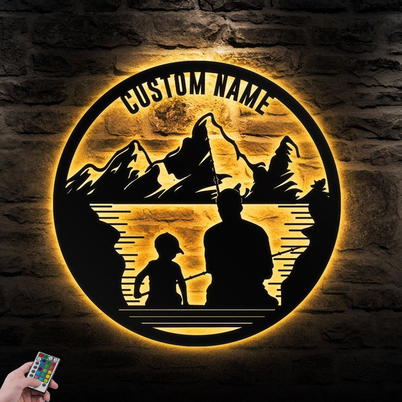 Custom Fishing Father And Son Metal Wall Art Personalized Fishing Name Sign WITH LED/WITHOUT LED Lights Bass Fishing Metal Monogram