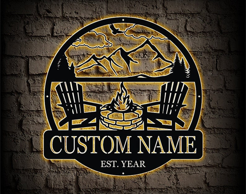 Custom Campfire Metal Sign WITH LED/WITHOUT LEDs Camper Sign Mountain Campfire Monogram Decor Campsite Sign Outdoor Sign Personalized Camping Gifts