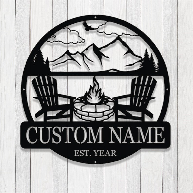 Custom Campfire Metal Sign WITH LED/WITHOUT LEDs Camper Sign Mountain Campfire Monogram Decor Campsite Sign Outdoor Sign Personalized Camping Gifts