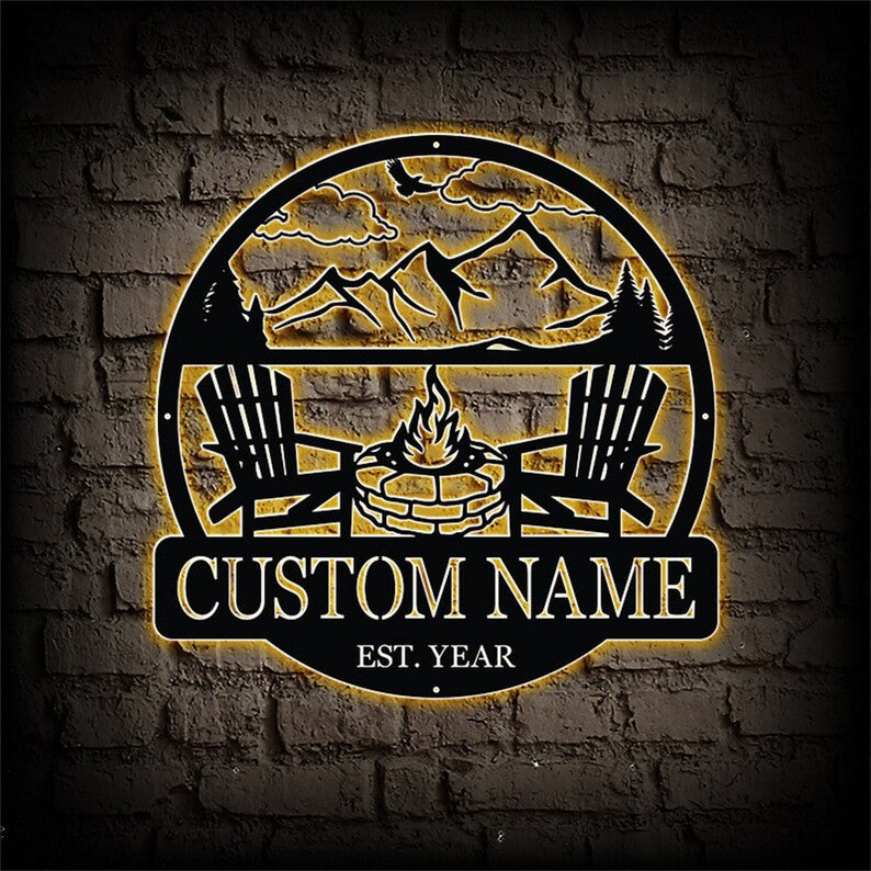 Custom Campfire Metal Sign WITH LED/WITHOUT LEDs Camper Sign Mountain Campfire Monogram Decor Campsite Sign Outdoor Sign Personalized Camping Gifts