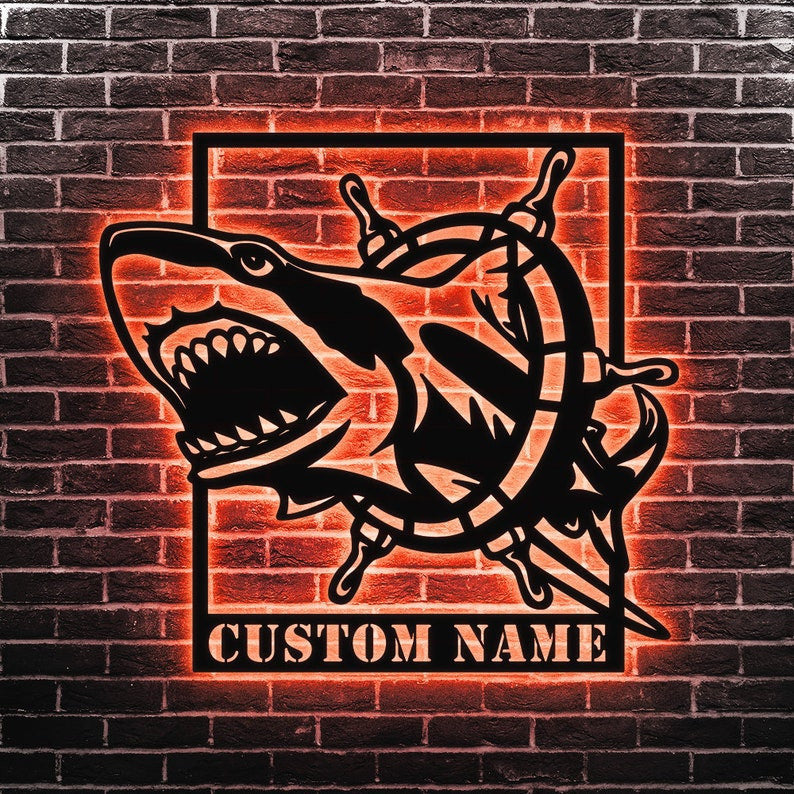Custom Shark Metal Wall Art Personalized Shark Hunter Led Metal Sign Home Decoration Idea Housewarming Shark Lover