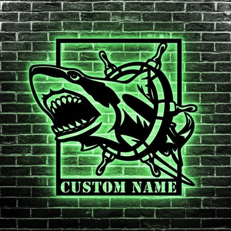 Custom Shark Metal Wall Art Personalized Shark Hunter Led Metal Sign Home Decoration Idea Housewarming Shark Lover