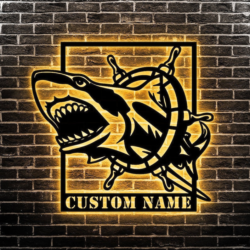 Custom Shark Metal Wall Art Personalized Shark Hunter Led Metal Sign Home Decoration Idea Housewarming Shark Lover