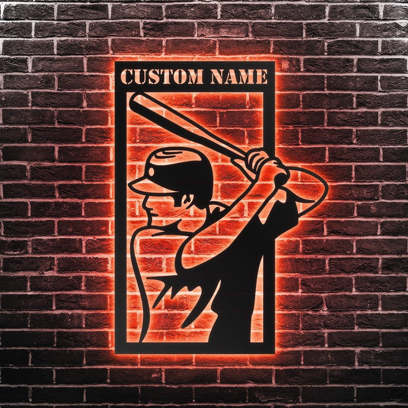 Custom Baseball Metal Wall Art Personalized Baseball Sign WITH LED/WITHOUT LED Lights Baseball Player Name Sign Gift