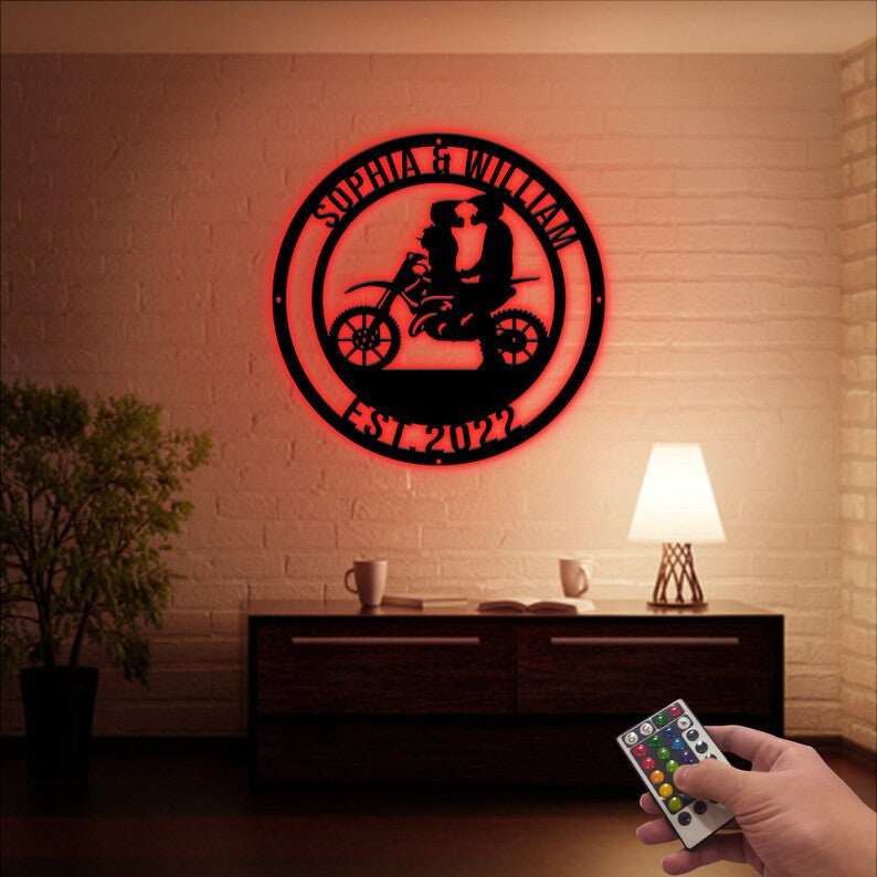 Custom Biker Couple Metal Wall Art WITH LED/WITHOUT LED Lights Custom Motorcycle LED Sign Wall Decor Art Living Room Decor Dirt Bike Name Sign