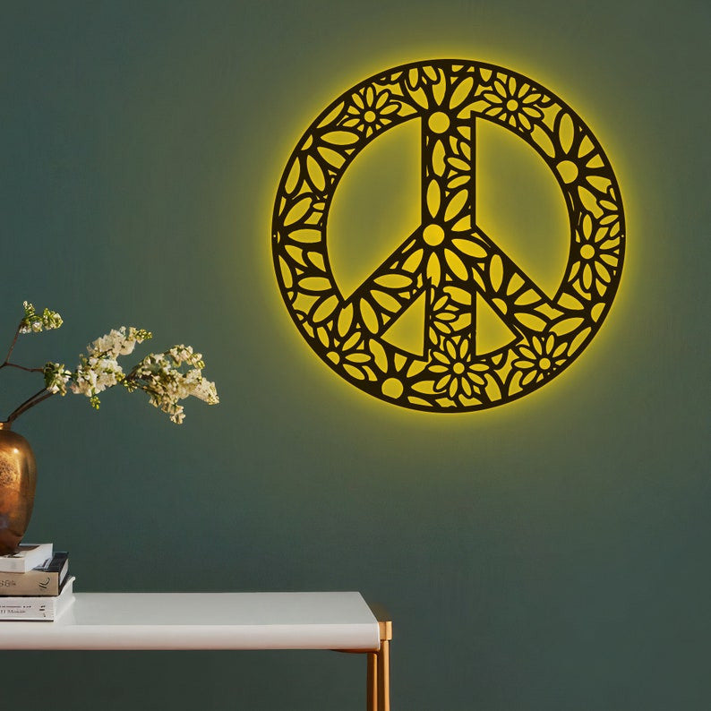 Peace Mandala Metal Wall Peace Sign Mandala Art WITH LED/WITHOUT LED Lights House Decor House Warming Gift Gift For Hippie Girl Boho Style