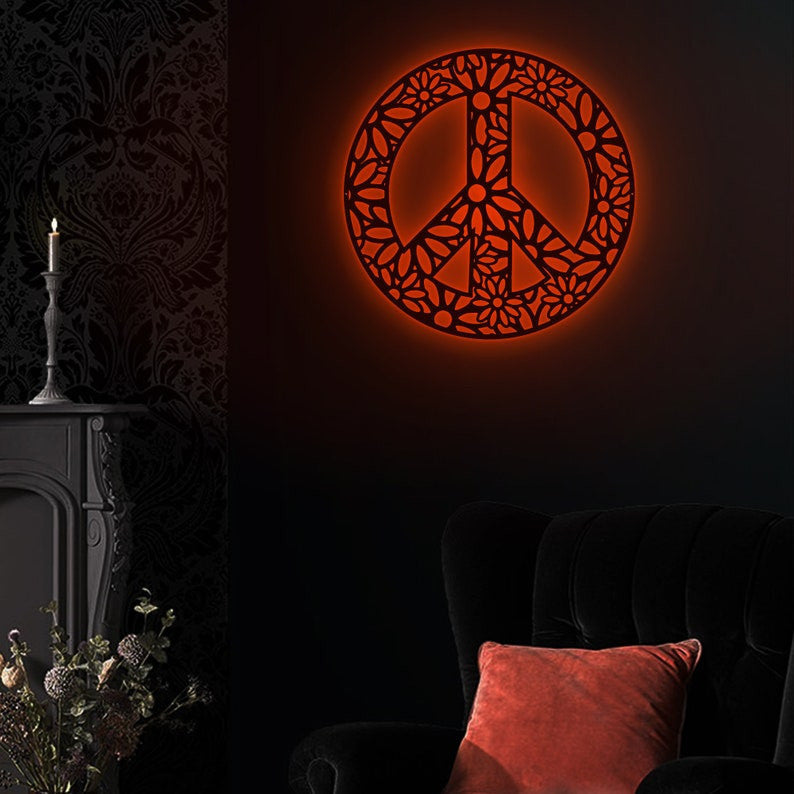 Peace Mandala Metal Wall Peace Sign Mandala Art WITH LED/WITHOUT LED Lights House Decor House Warming Gift Gift For Hippie Girl Boho Style