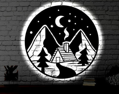 Cabin Nature LED Metal Art Sign Light up Camping Metal Sign Multi Colors Mountain Sign Metal Nature Home Decor LED Wall Art Gift