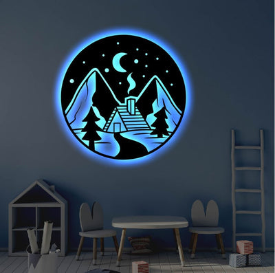 Cabin Nature LED Metal Art Sign Light up Camping Metal Sign Multi Colors Mountain Sign Metal Nature Home Decor LED Wall Art Gift