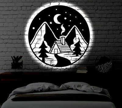 Cabin Nature LED Metal Art Sign Light up Camping Metal Sign Multi Colors Mountain Sign Metal Nature Home Decor LED Wall Art Gift