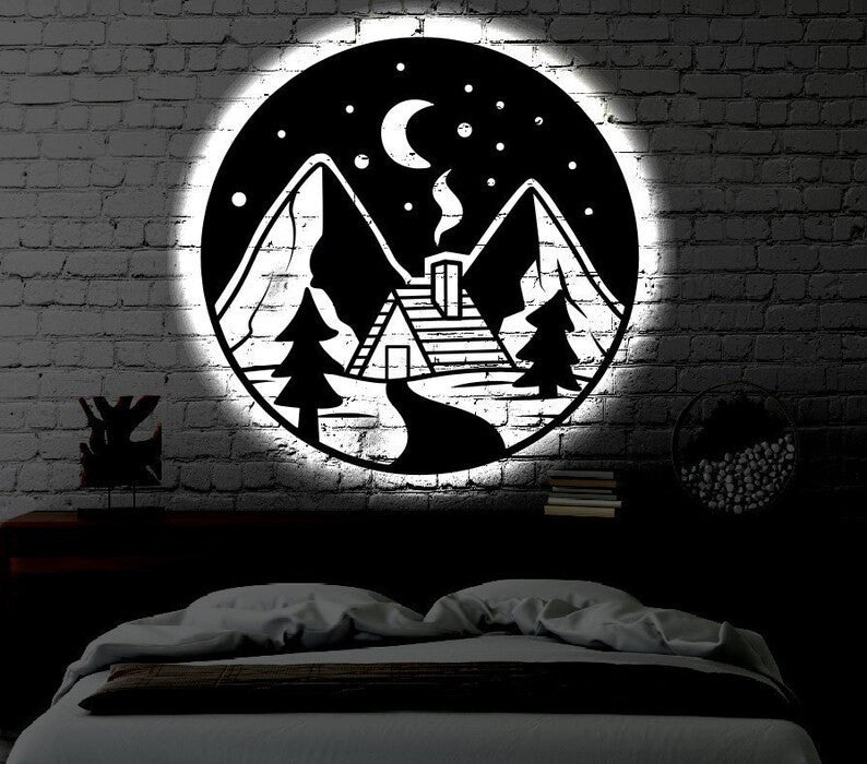 Cabin Nature LED Metal Art Sign Light up Camping Metal Sign Multi Colors Mountain Sign Metal Nature Home Decor LED Wall Art Gift