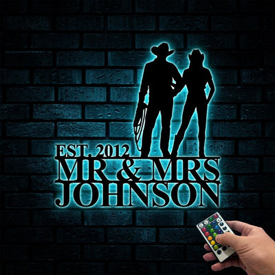 Personalized Cowboy Cowgirl Couple Metal Sign WITH LED/WITHOUT LED Light Custom Mr & Mrs Wall Art For Home Decor Love Anniversary Gift Wedding Gift
