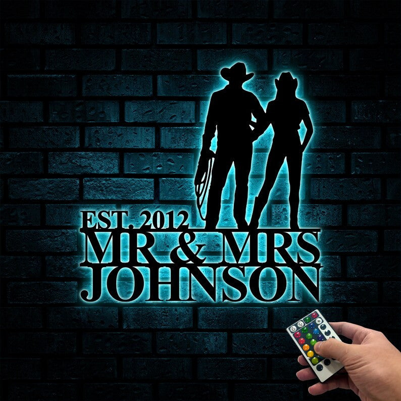 Personalized Cowboy Cowgirl Couple Metal Sign WITH LED/WITHOUT LED Light Custom Mr & Mrs Wall Art For Home Decor Love Anniversary Gift Wedding Gift