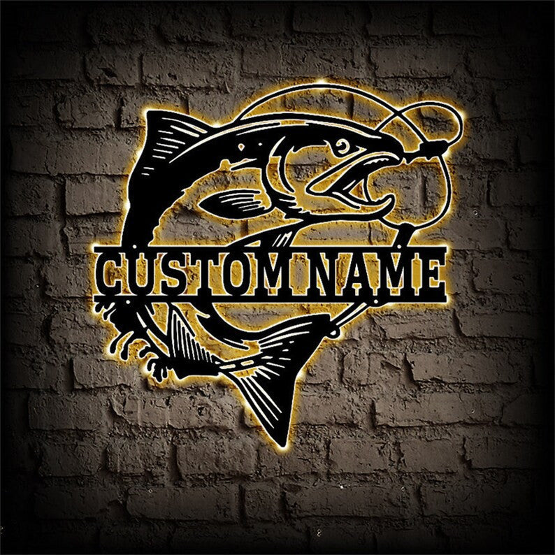 Personalized Fishing Metal Sign LED Fishing Metal Wall Art Custom Fishing Metal Sign Fish Wall Decor Fisherman Gift Pond Sign