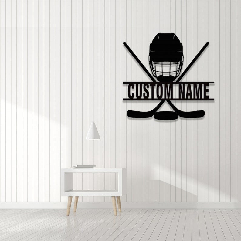 Personalized Hockey Metal Sign LED Hockey Stick Metal Wall Art Custom Hockey Player Name Sign Decoration for Living Room Hockey Wall Decor