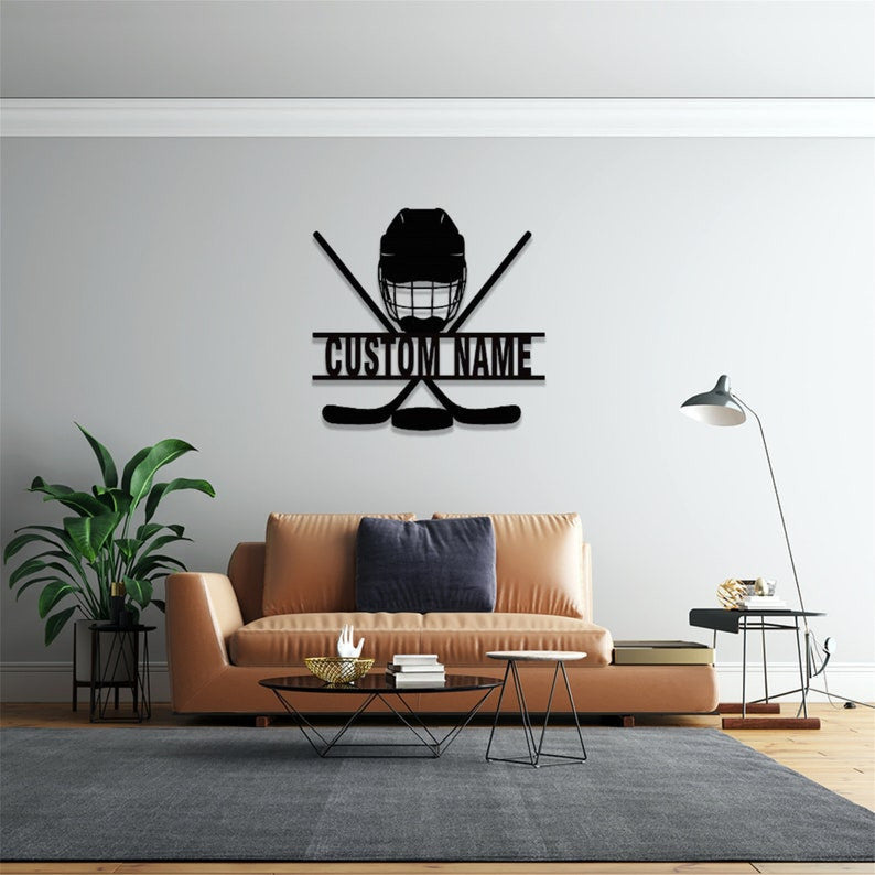 Personalized Hockey Metal Sign LED Hockey Stick Metal Wall Art Custom Hockey Player Name Sign Decoration for Living Room Hockey Wall Decor