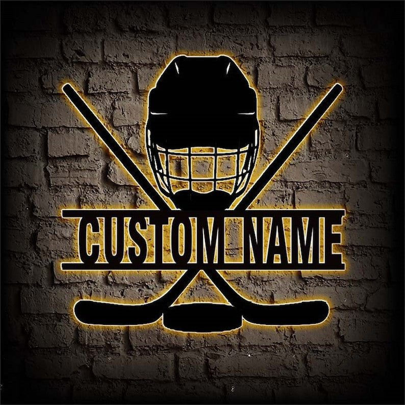Personalized Hockey Metal Sign LED Hockey Stick Metal Wall Art Custom Hockey Player Name Sign Decoration for Living Room Hockey Wall Decor