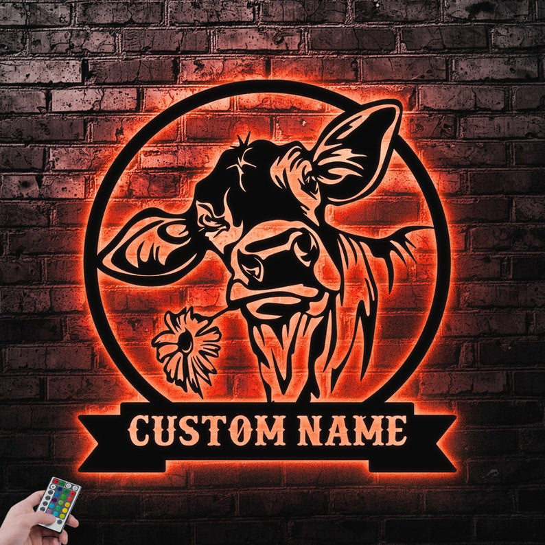 Cow Custom Name Metal Sign Wall Art WITH LED/WITHOUT LED Lights Personalized Family Name Sign Metal Wall Decor Housewarming Gift