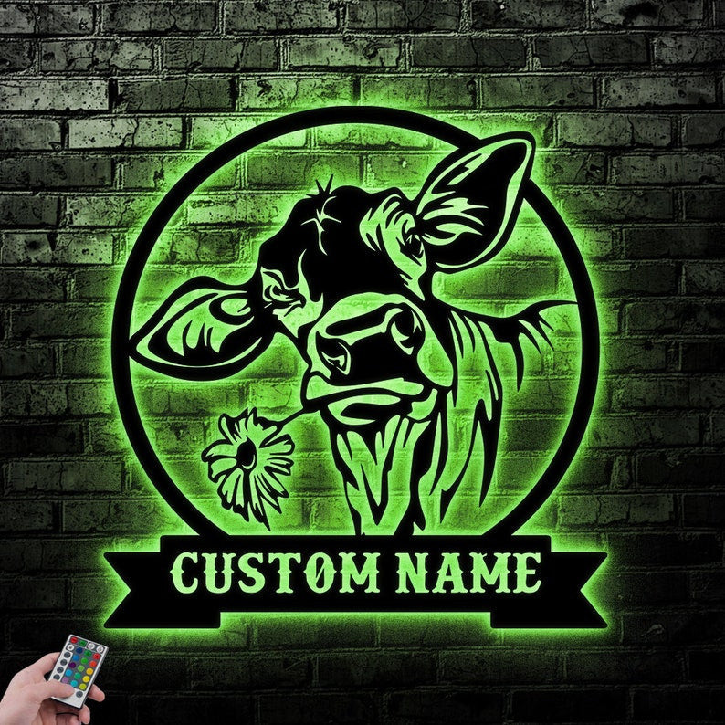 Cow Custom Name Metal Sign Wall Art WITH LED/WITHOUT LED Lights Personalized Family Name Sign Metal Wall Decor Housewarming Gift