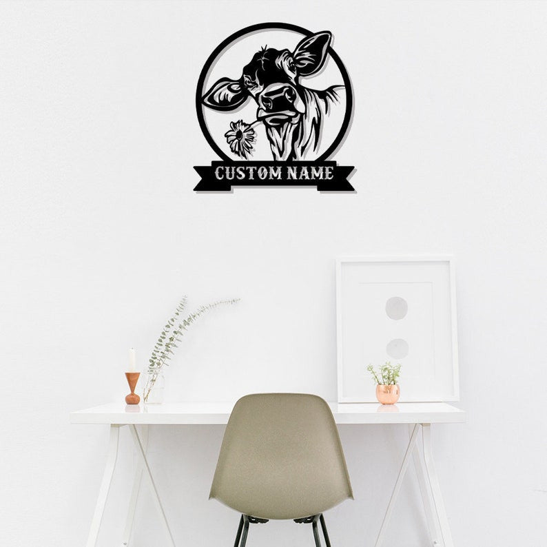 Cow Custom Name Metal Sign Wall Art WITH LED/WITHOUT LED Lights Personalized Family Name Sign Metal Wall Decor Housewarming Gift