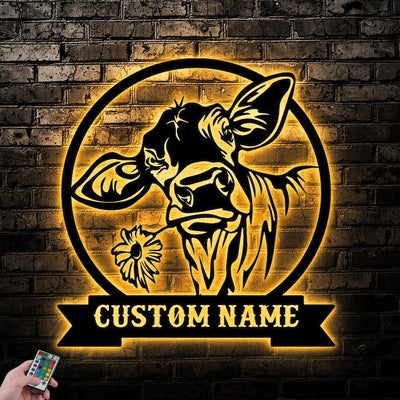 Cow Custom Name Metal Sign Wall Art WITH LED/WITHOUT LED Lights Personalized Family Name Sign Metal Wall Decor Housewarming Gift