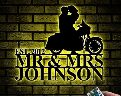 Personalized Biker Couple Metal Sign WITH LED/WITHOUT LED Light Custom Motorcycle Rider Wall Art For Decor Anniversary Gift Wedding Gift For Newlywed