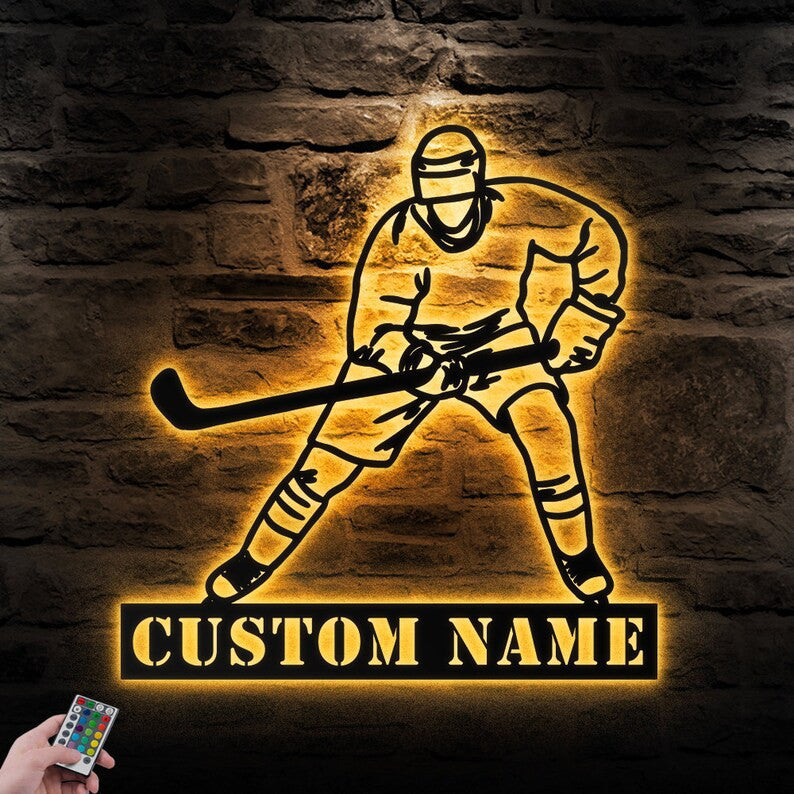Custom Ice Hockey Metal Wall Art Personalized Sign WITH LED/WITHOUT LED Lights Hockey Player Name Sign Gift