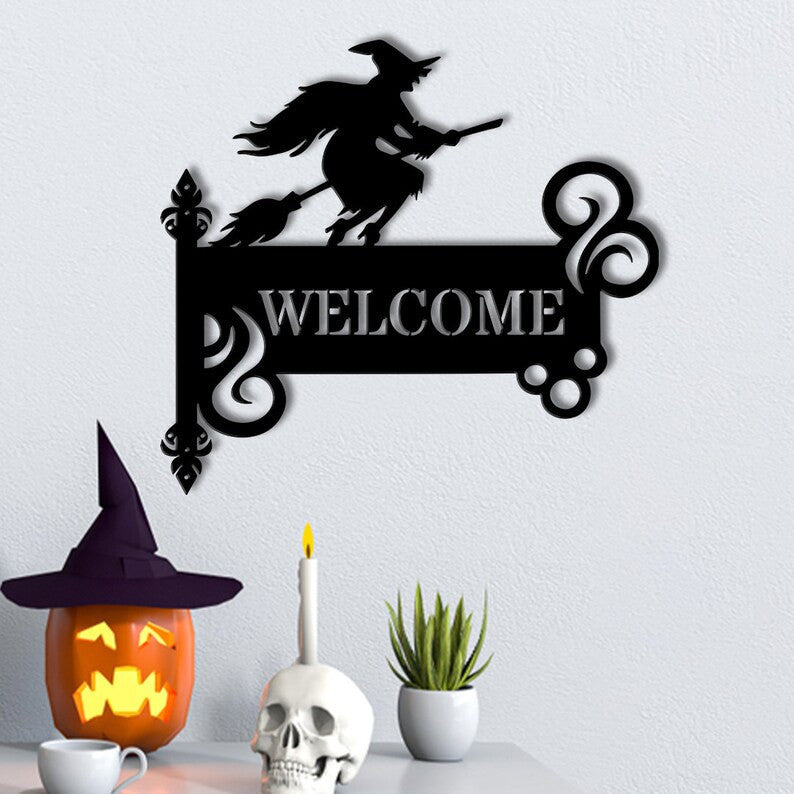 Personalized Witch Address Metal Signs Mailbox Decor Yard Decor Outdoor Decor Address Sign Spooky Witch on Broom Sign Halloween Decor